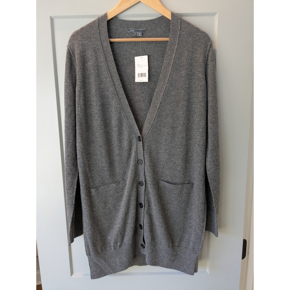 NWT‎ Vince Womens 100% Cashmere Longline V-Neck Cardigan Sweater Grey L